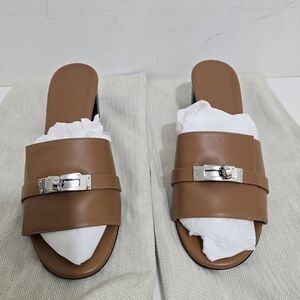 Hermes Gigi Calfkin Heeled Sandals in Tan/Brown, Size 38